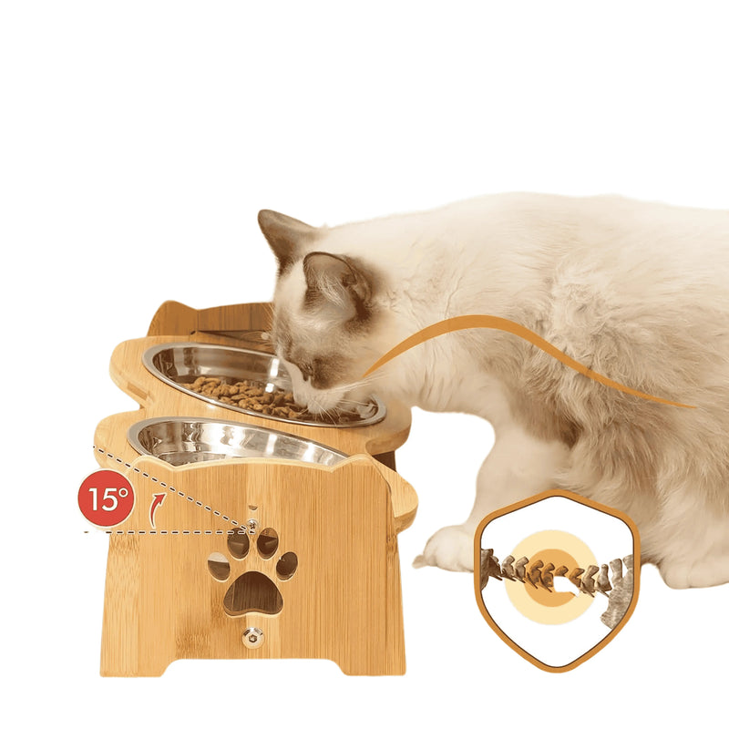 Adjustable Bamboo Feeding Station with 2 Stainless Steel Bowls